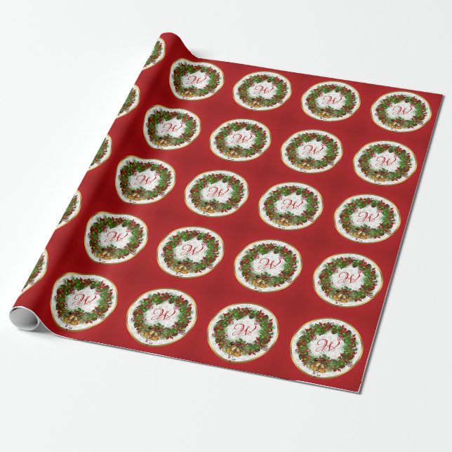 Christmas Wreath Bells Holly Pine Monogram Wrapping Paper (Unrolled)