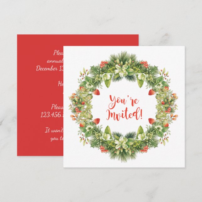 Christmas Wreath Berries Flowers Holly Pine Invite (Front/Back)
