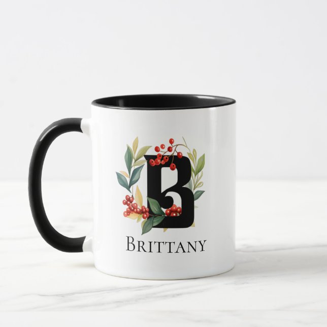 Christmas Wreath Berries Monogram Letter B Mug (Left)