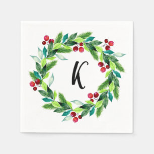 Christmas Wreath Berries Monogram Napkin