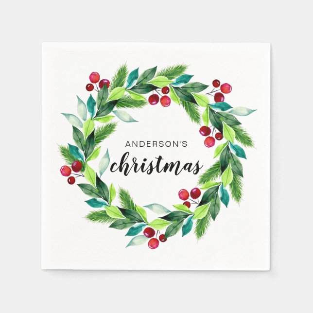 Christmas Wreath Berries Personalized Napkin (Front)