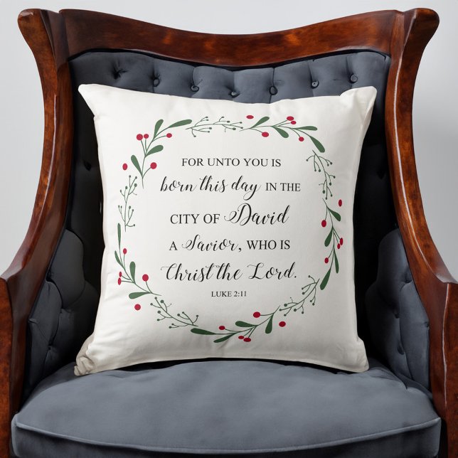 Christmas Wreath Bible Verse Jesus Christ Saviour Throw Pillow (Creator Uploaded)