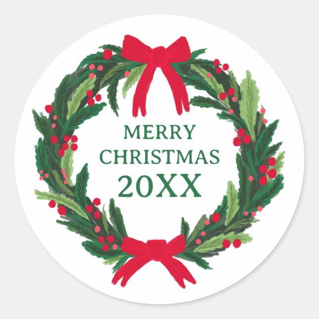 Christmas Wreath Botanicals Foliage Holiday CUSTOM Classic Round Sticker (Front)