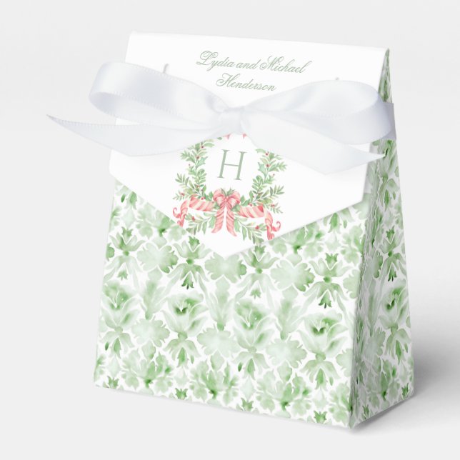 Christmas Wreath Candy Cane Bow | Monogram Wedding Favor Box (Front Side)