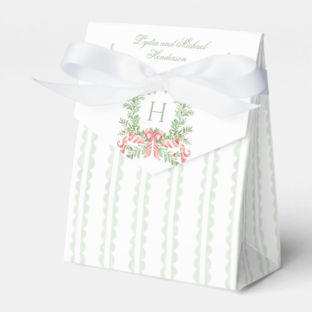 Christmas Wreath Candy Cane Bow | Monogram Wedding Favor Box (Front Side)