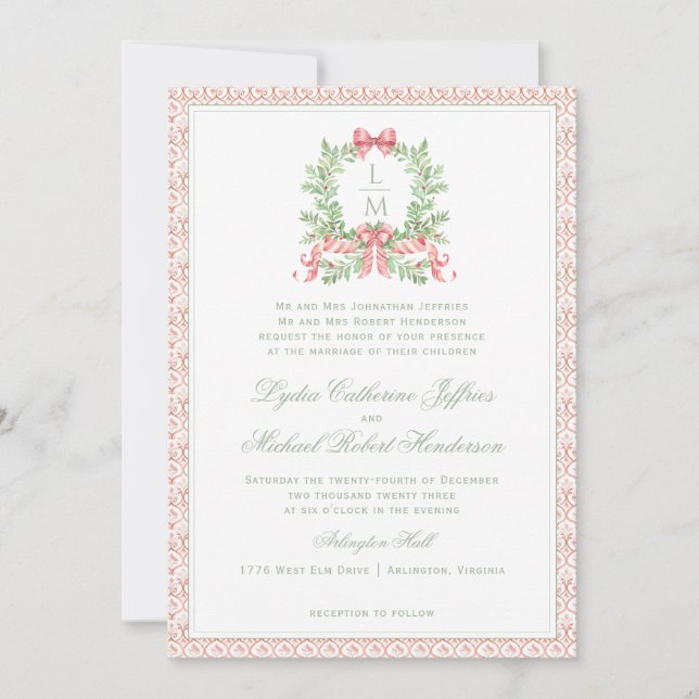Christmas Wreath Candy Cane Bow | Monogram Wedding Invitation (Front)