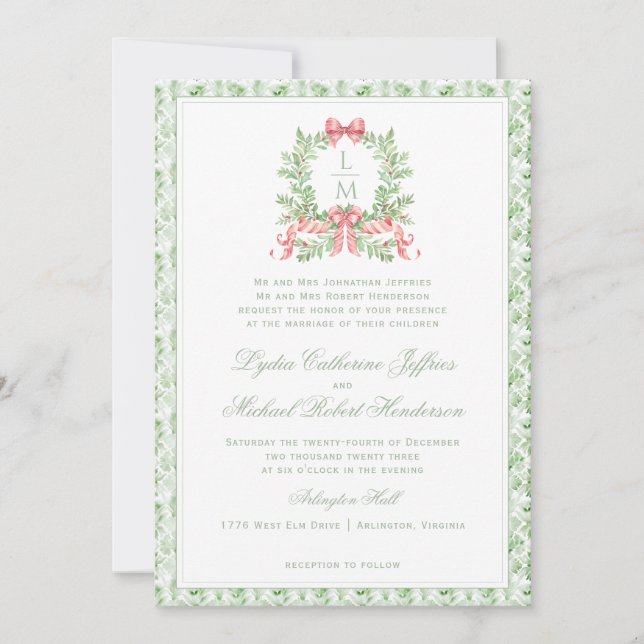 Christmas Wreath Candy Cane Bow | Monogram Wedding Invitation (Front)