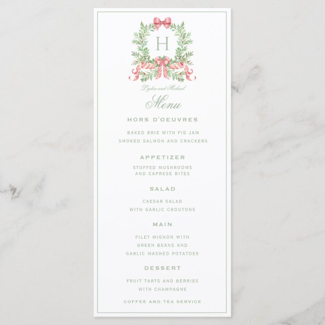 Christmas Wreath Candy Cane Bow Monogram Wedding  Menu (Front)