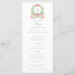 Christmas Wreath Candy Cane Bow Monogram Wedding  Menu<br><div class="desc">The elegant watercolor Christmas wreath monogram gives this wedding menu a beautiful and timeless look that any holiday bride will love.   Personalize with your initial inside the crest. All text can be edited

Colours include,  light green,  emerald green and red.</div>