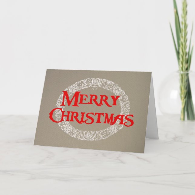 Christmas Wreath Card White and Red on Burlap (Front)