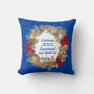 Christmas Wreath CELEBRATE JESUS Cobalt Blue Throw Pillow