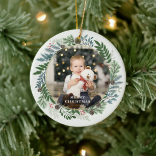 Christmas Wreath Custom 2-Photo Ceramic Ornament