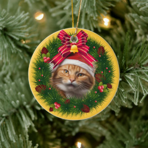 Christmas Wreath Custom Cat Modern Cute Pet Photo Ceramic Ornament
