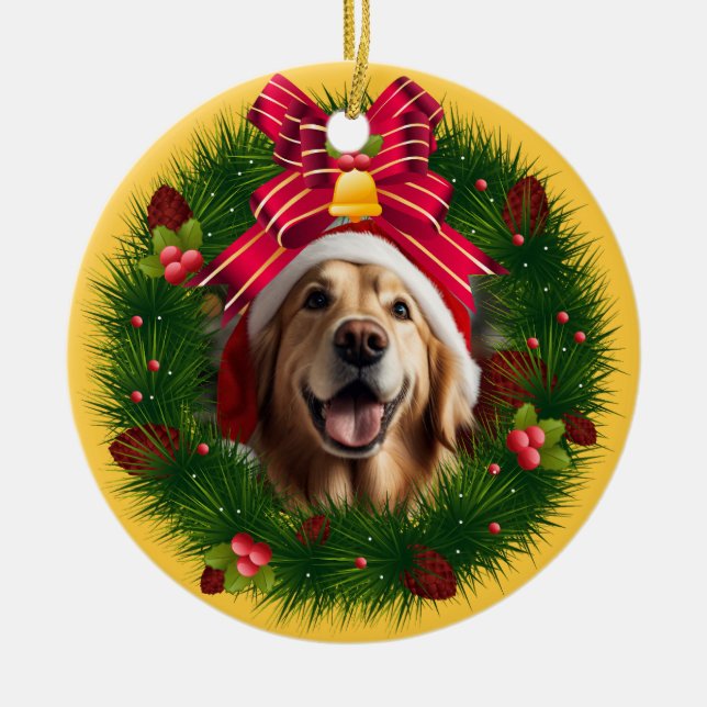 Christmas Wreath Custom Dog Modern Cute Pet Photo Ceramic Ornament (Front)
