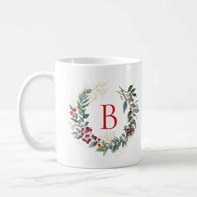 Christmas Wreath Custom Monogram Coffee Mug (Left)
