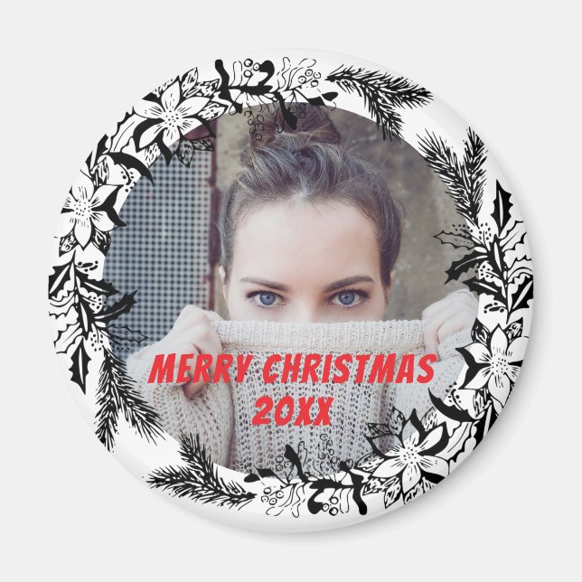 Christmas Wreath Custom Photo Black Magnet (Front)