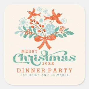 Christmas Wreath & Cute Birds Dinner Party Square Sticker