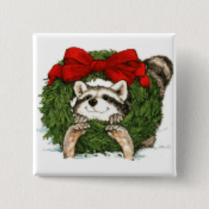 Christmas Wreath Decoration And Raccoon 2 Inch Square Button