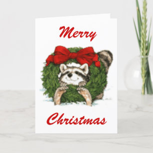 Christmas Wreath Decoration And Raccoon Holiday Card