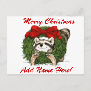 Christmas Wreath Decoration And Raccoon Holiday Postcard
