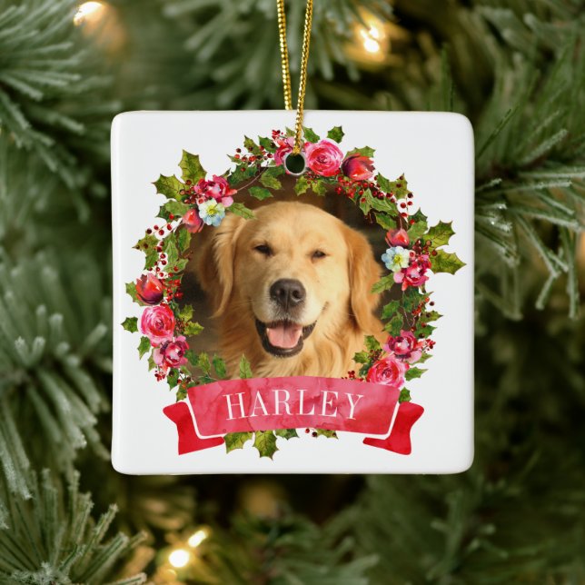 Christmas Wreath Dog Photo Ceramic Ornament (Tree)