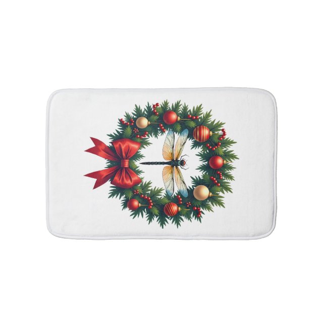 Christmas Wreath Dragonfly Bath Mat (Front)