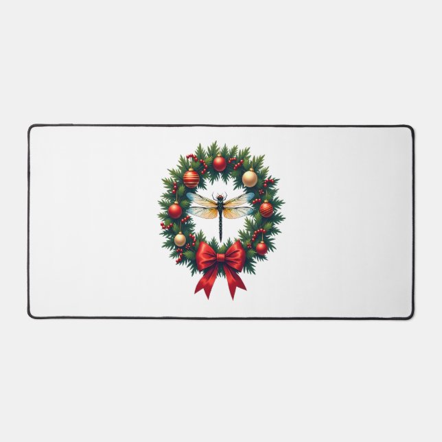 Christmas Wreath Dragonfly Desk Mat (Front)