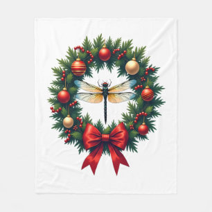 Christmas Wreath Dragonfly Fleece Blanket
