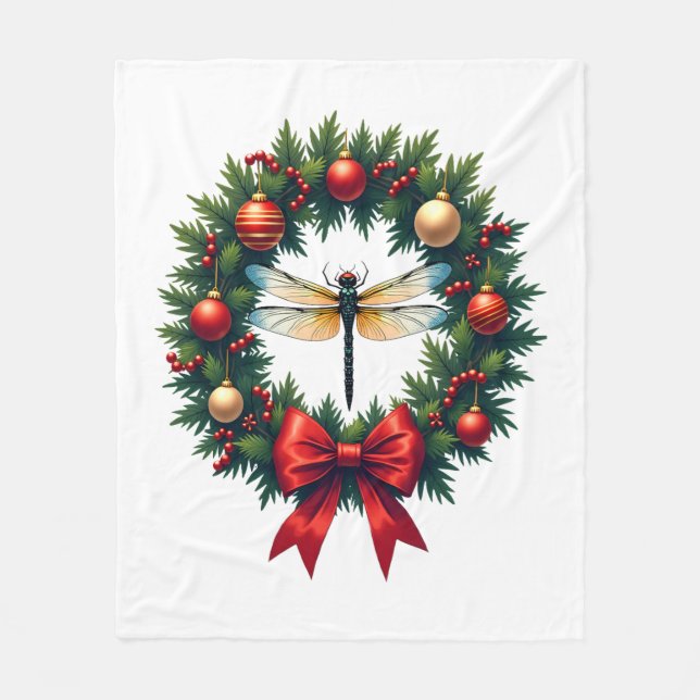 Christmas Wreath Dragonfly Fleece Blanket (Front)