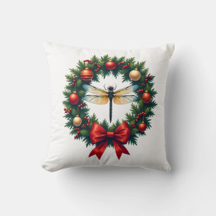 Christmas Wreath Dragonfly Throw Pillow