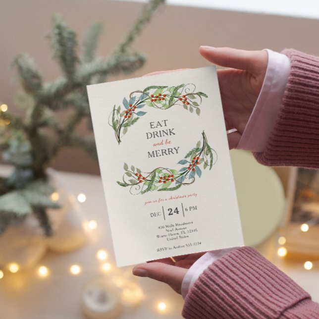 Christmas Wreath Eat Drink & Be Merry Party Invitation (Creator Uploaded)