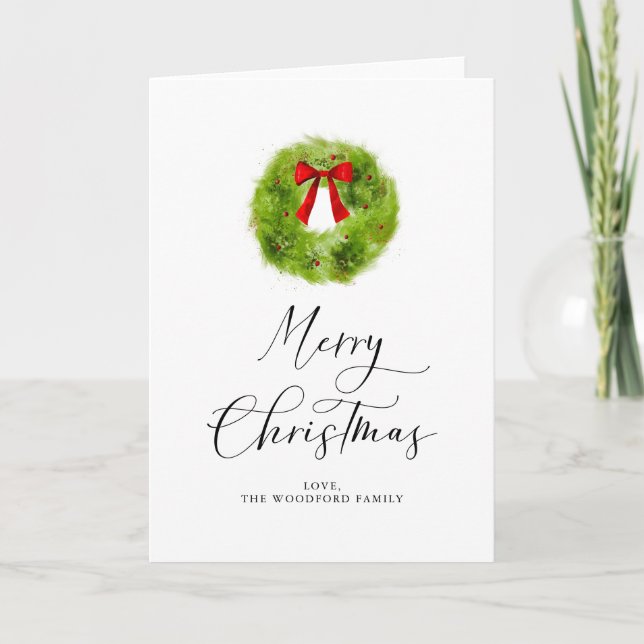 Christmas Wreath Elegant Script Holiday Card (Front)