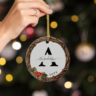 Christmas Wreath Family Monogram with Photo Ceramic Ornament