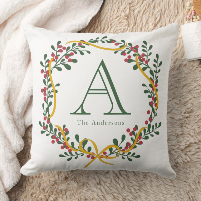 Christmas Wreath Family Name Monogram Throw Pillow (Blanket)
