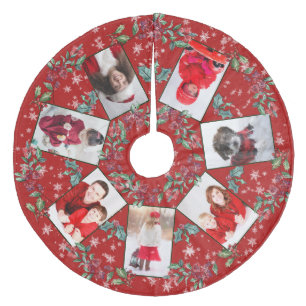 Christmas Wreath Family Photo Collage Red Fleece Tree Skirt