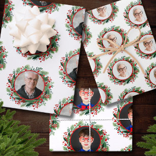 Christmas Wreath Family Photos Personalized Wrapping Paper Sheet