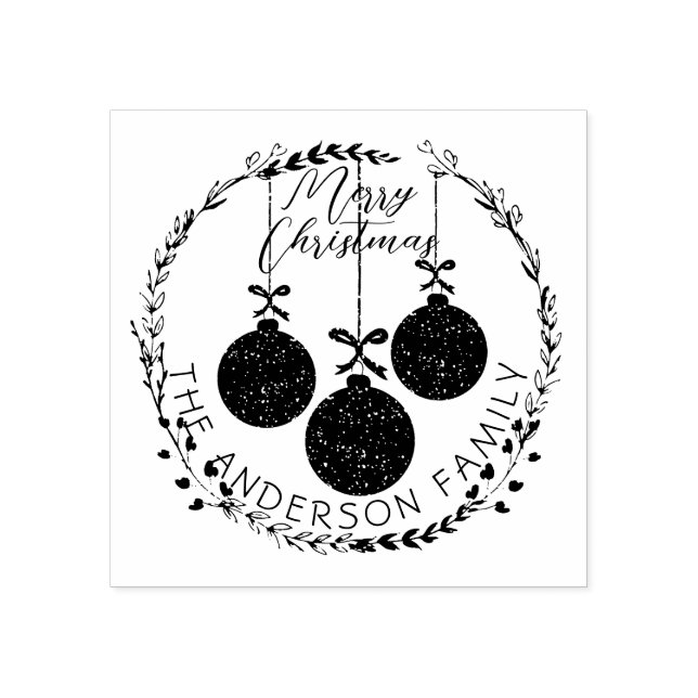 Christmas Wreath & Festive Baubles Family Name Rubber Stamp (Imprint)