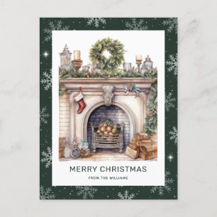 Christmas Wreath Fireplace Snowflake Green Holiday Postcard