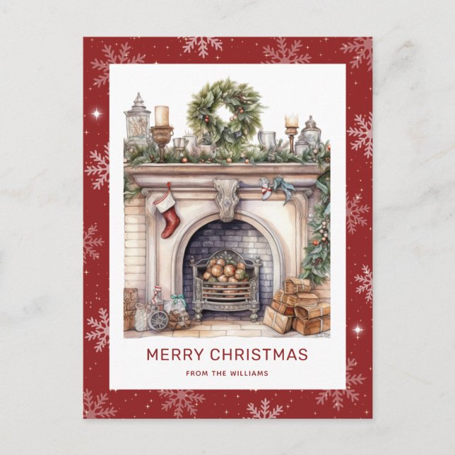 Christmas Wreath Fireplace Snowflake Red Holiday Postcard (Front)
