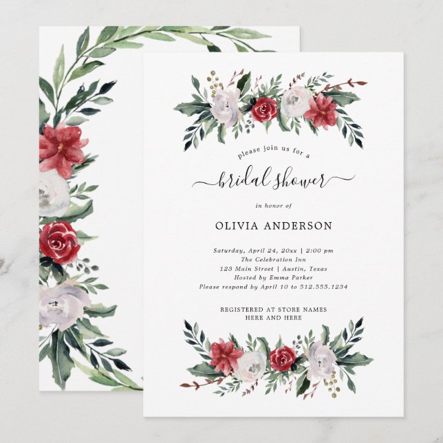 Christmas Wreath | Floral Holiday Bridal Shower Invitation (Front/Back)