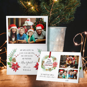 Christmas Wreath Floral Holly Pine Cone Family Holiday Card