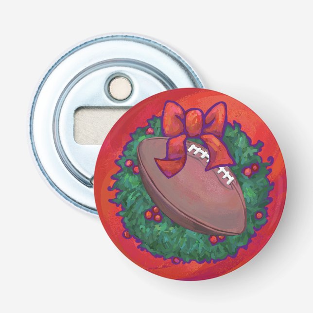 Christmas Wreath Football on Red Bottle Opener (Front)