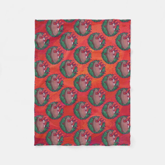 Christmas Wreath Football on Red Fleece Blanket (Front)
