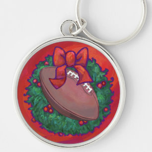 Christmas Wreath Football on Red Keychain