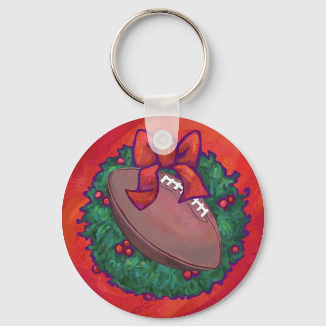 Christmas Wreath Football on Red Keychain (Front)