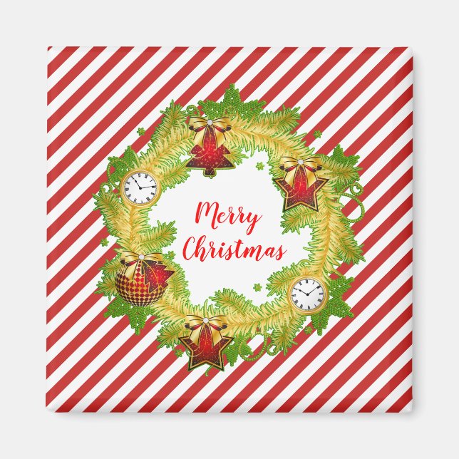Christmas Wreath Gold Ornaments Red Stripes Magnet (Front)