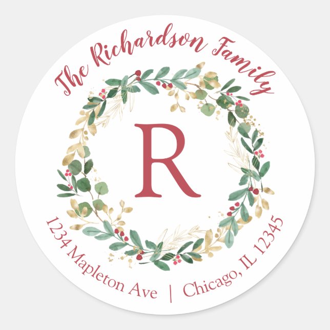 Christmas wreath gold red return address labels (Front)