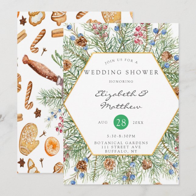 Christmas Wreath Gold Wedding Shower Invitation (Front/Back)