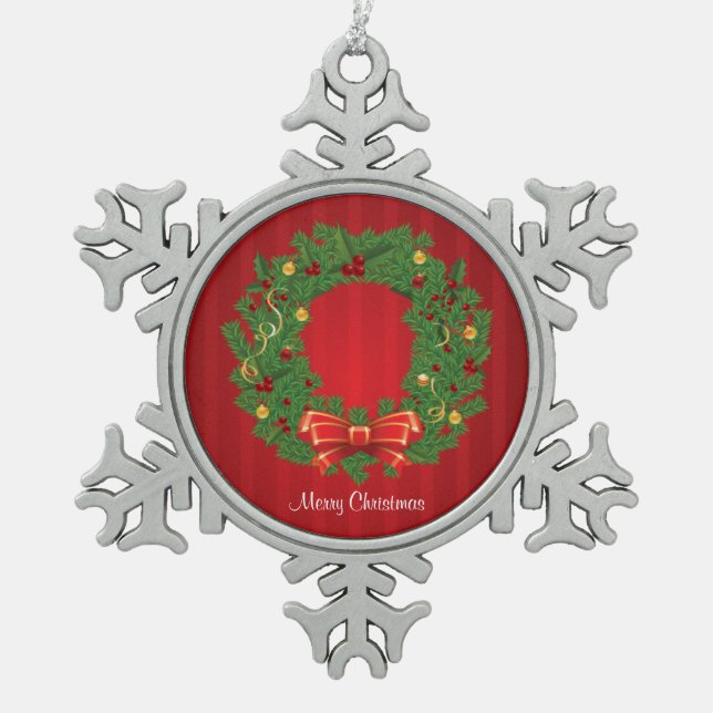 Christmas Wreath Green And Red Snowflake Pewter Christmas Ornament (Front)
