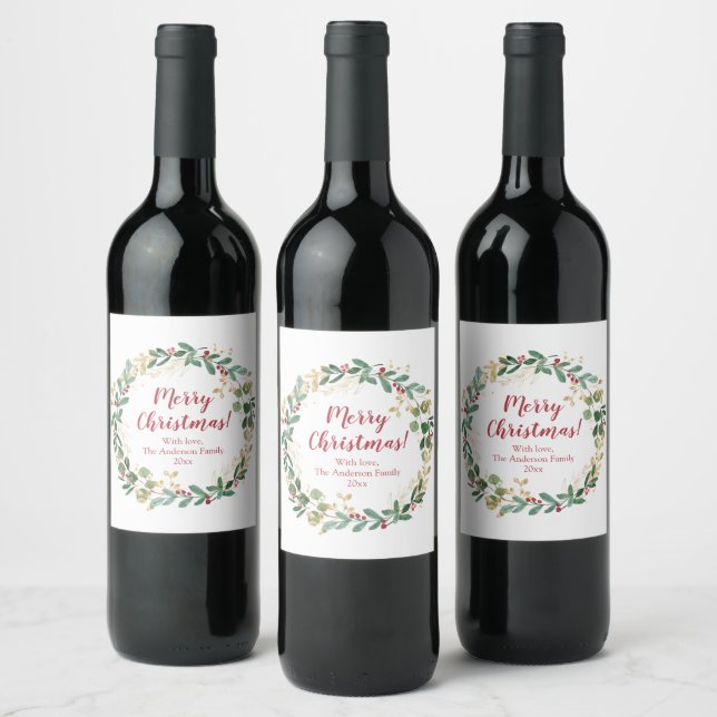 Christmas wreath green gold red holly berries wine label (Bottles)